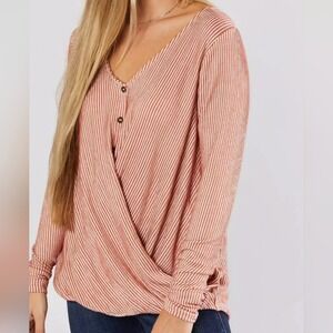 Blu Pepper Womens Top Blouse Long Sleeve V Neck‎ Striped Button Front